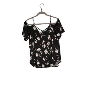 KatTeigh Floral Cold Shoulder Top Womens XL Strappy Boho Flowy Summer Blouse